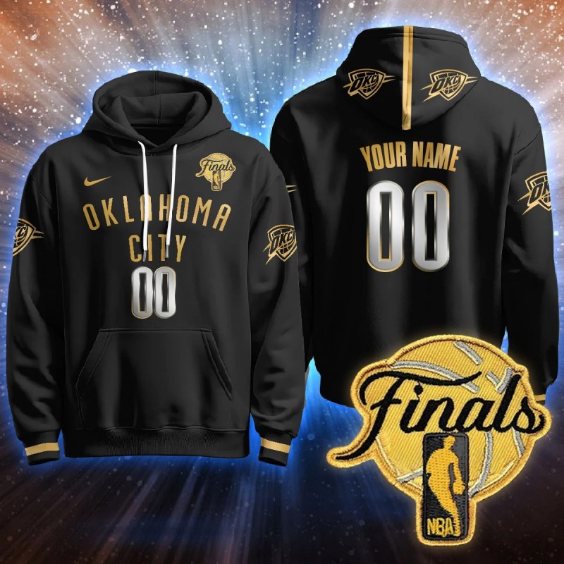 Men's Oklahoma City Thunder Active Player Custom Black Gold 2025 NBA Final Patch Stitched Hoodie