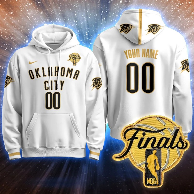 Men's Oklahoma City Thunder Active Player Custom White Gold 2025 NBA Final Patch Stitched Hoodie
