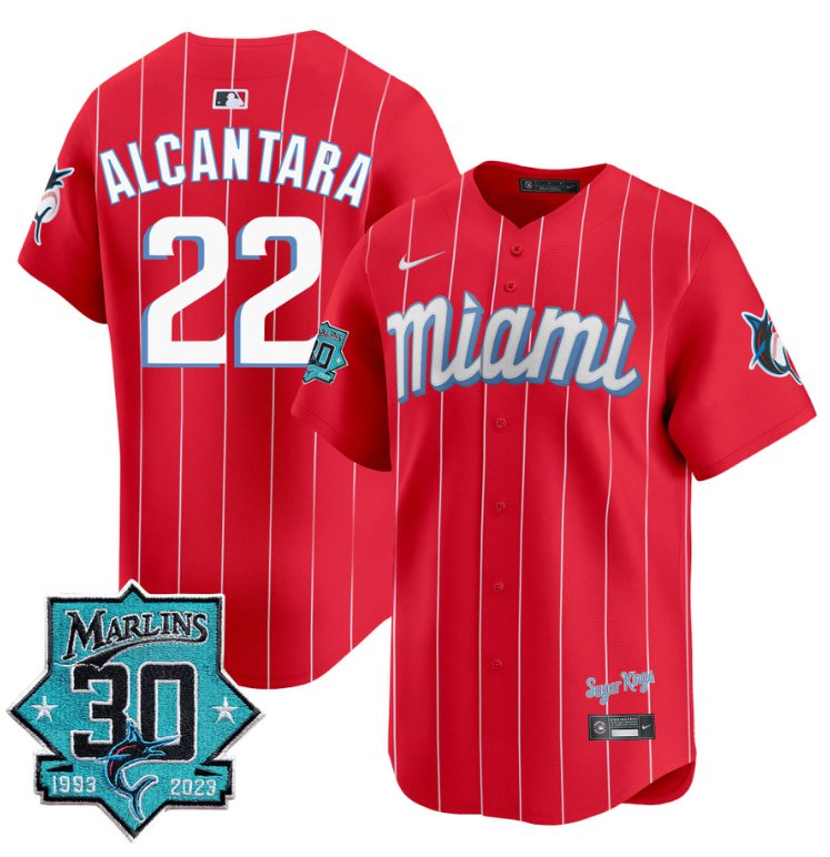 Men's Sandy Alcantara Jersey #22 Miami Marlins 30 Seasons Anniversary Patch Limited Stitched City Connect