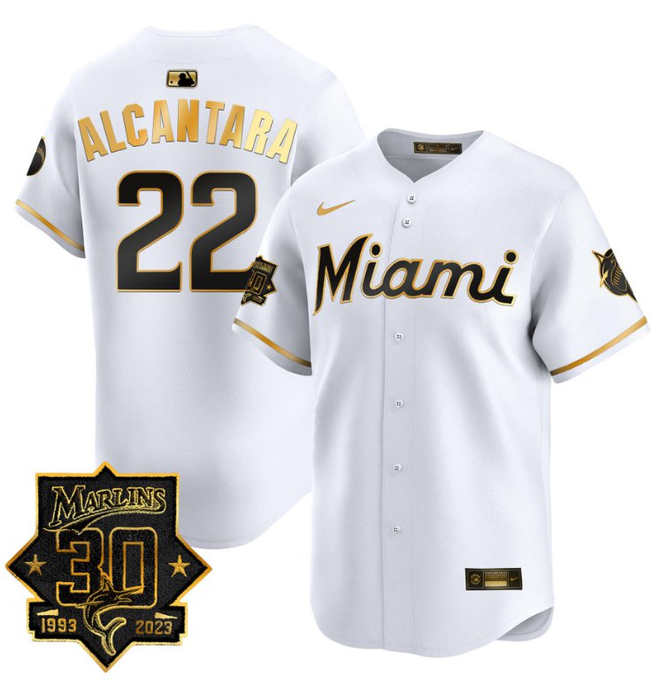 Men's Sandy Alcantara Jersey #22 Miami Marlins 30 Seasons Anniversary Patch Limited Stitched White Gold