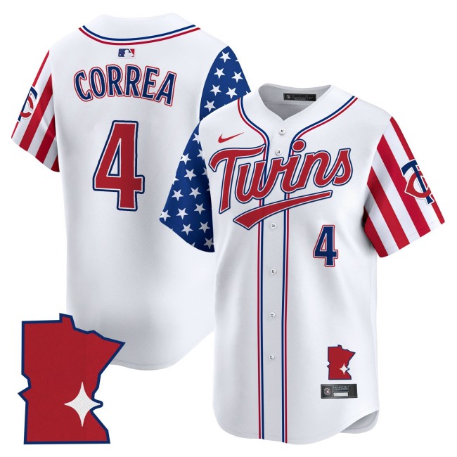 Men's Minnesota Twins #4 Carlos Correa Nike 2025 Independence Day Limited MLB Baseball Jersey White - All Stitched