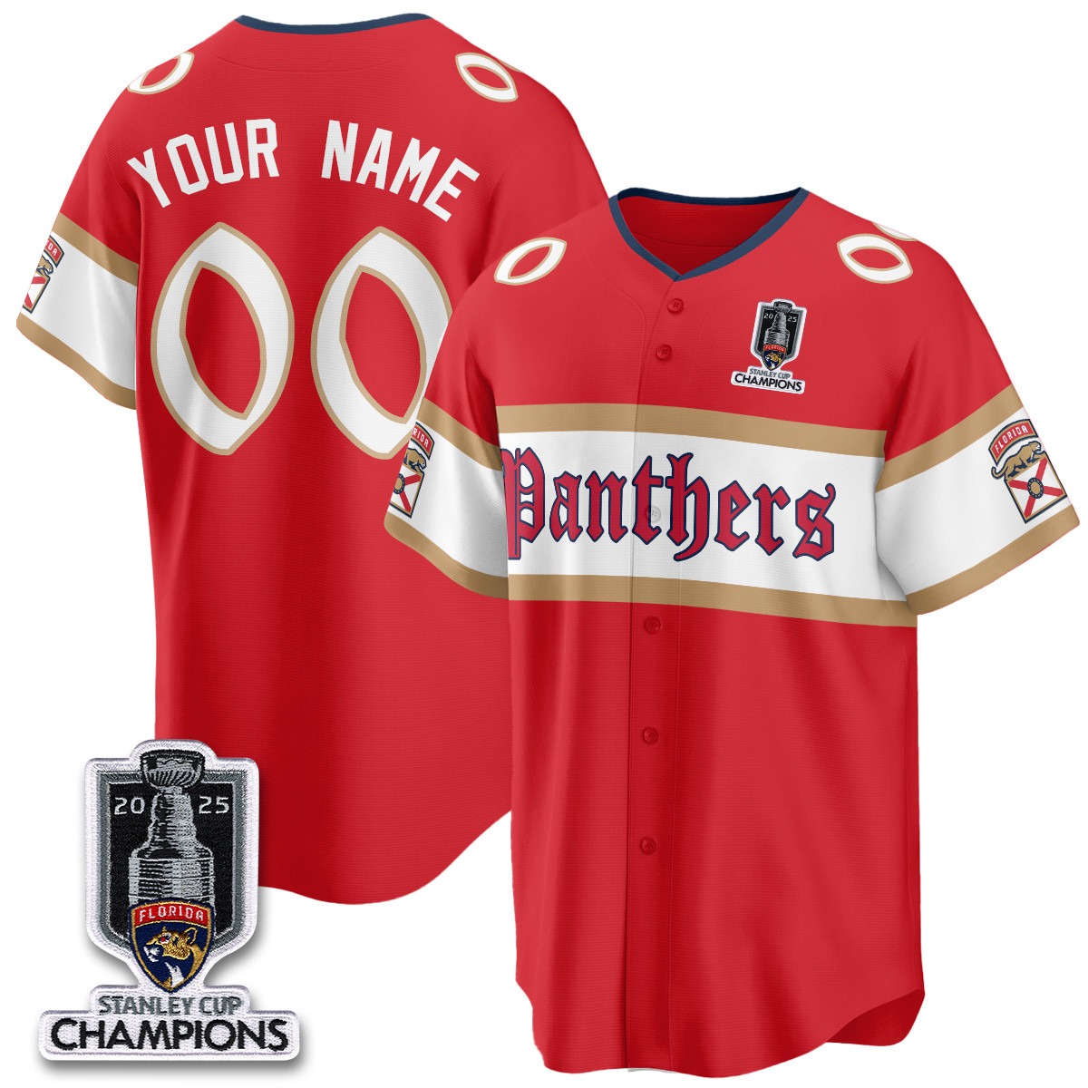 Florida Panthers Custom Red 2025 Stanley Cup Champions Baseball Jersey V2 - All Stitched