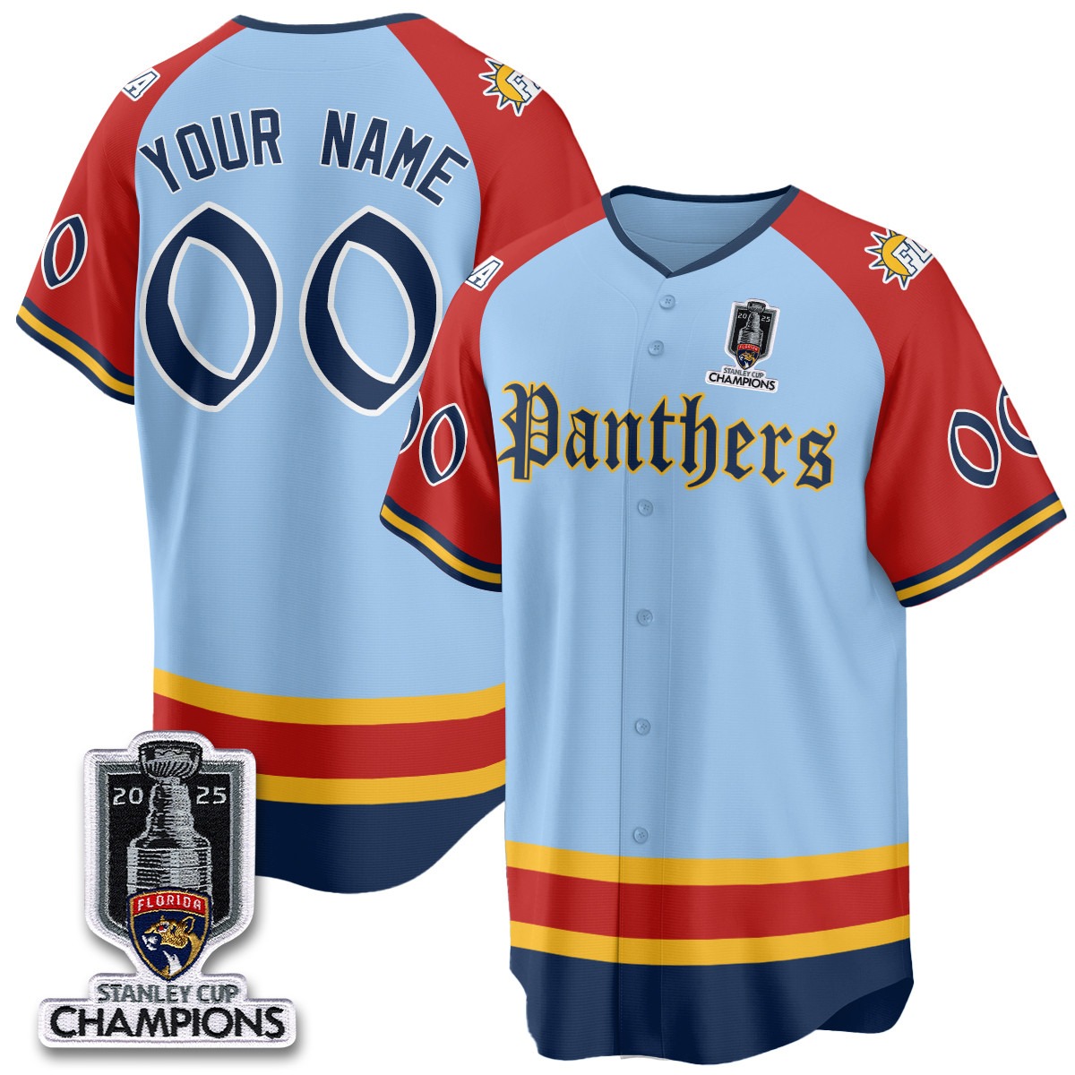 Florida Panthers Custom Blue 2025 Stanley Cup Champions Baseball Jersey V2 - All Stitched