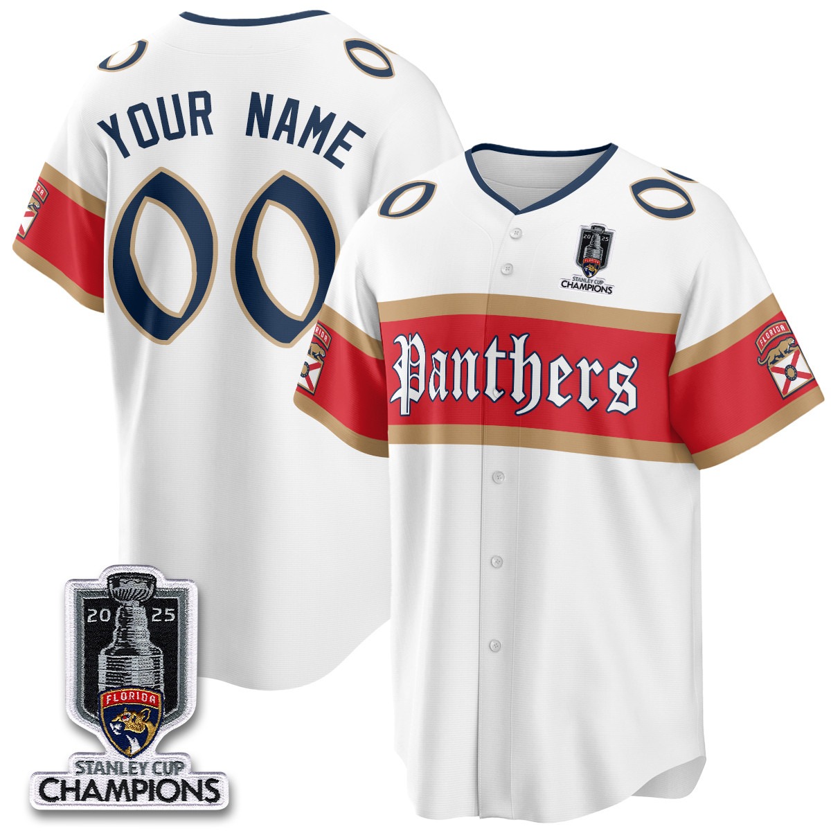 Florida Panthers Custom White 2025 Stanley Cup Champions Baseball Jersey V2 - All Stitched