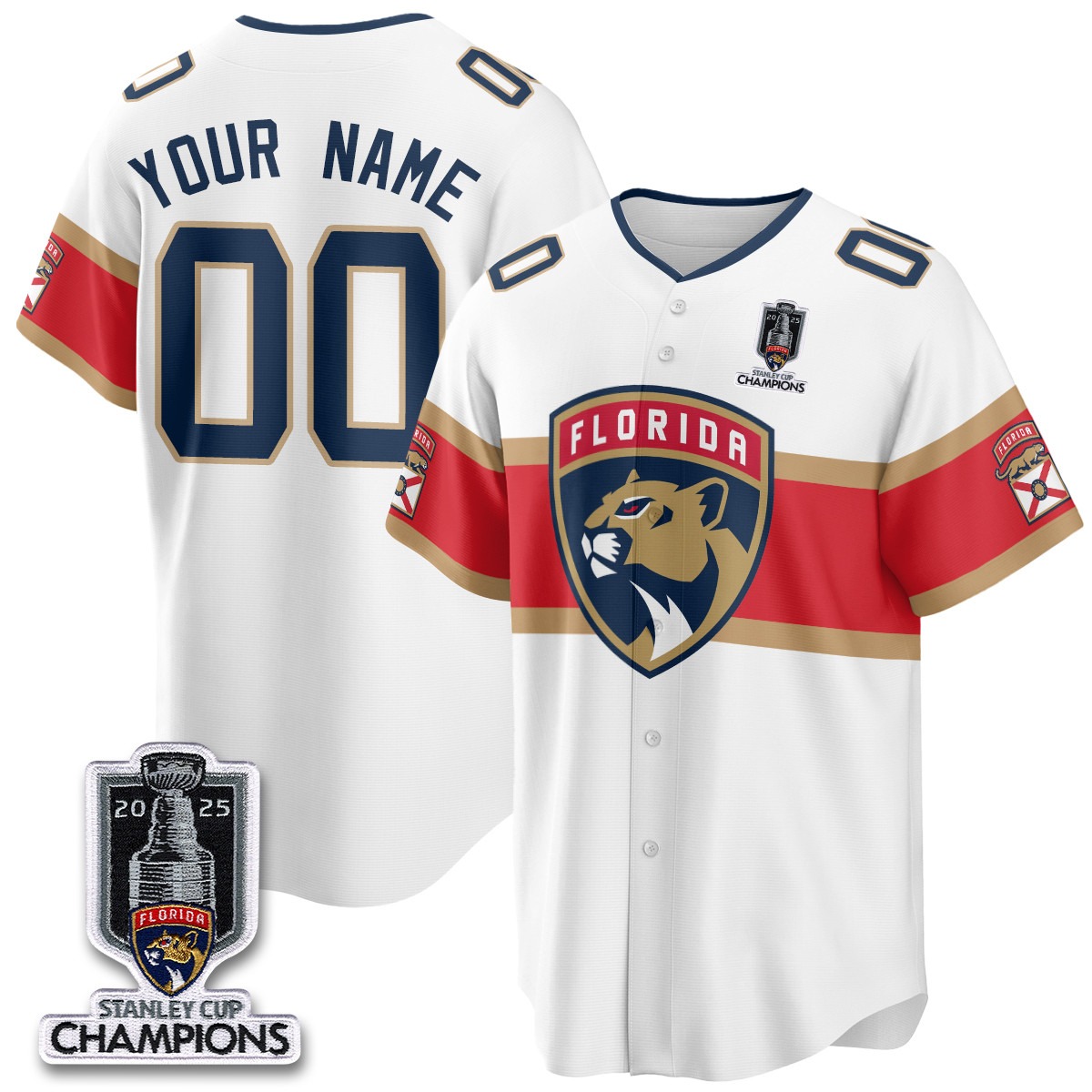 Florida Panthers Custom White 2025 Stanley Cup Champions Baseball Jersey - All Stitched