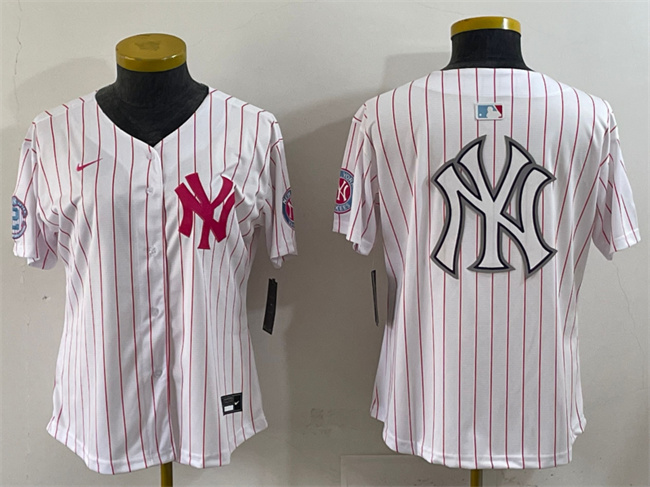 WMNS New York Yankees Team Big Logo White Pink Pinstripe Limited Stitched Baseball Jersey