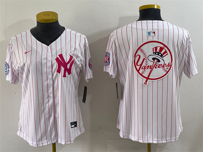 WMNS New York Yankees Team Big Logo White Pink Pinstripe Limited Stitched Baseball Jerseys