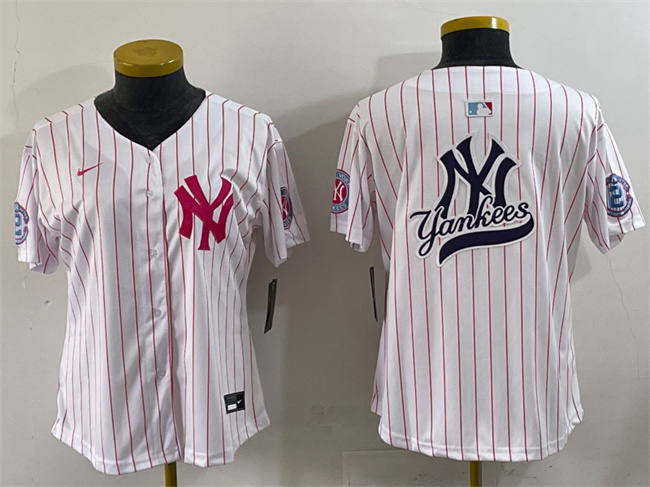 WMNS New York Yankees Team Big Logo White Pink Pinstripe Limited Stitched Jersey