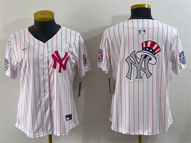 WMNS New York Yankees Team Big Logo White Pink Pinstripe Limited Stitched Jerseys
