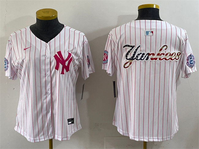 WMNS New York Yankees Team Big Logo White Pink Pinstripe Limited Stitched MLB Baseball Jersey