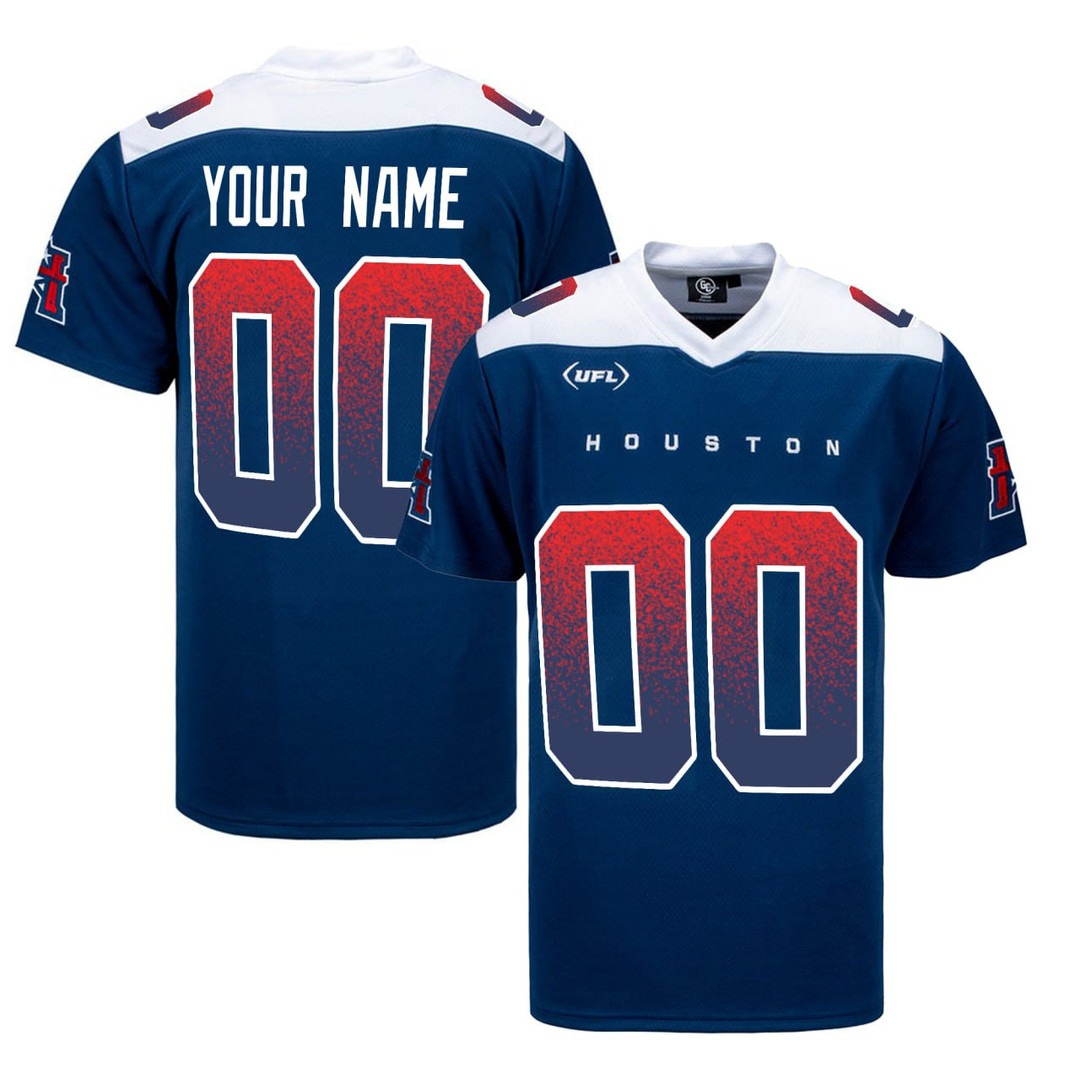 UFL Houston Roughnecks Football Blue White Custom Jersey - All Stitched