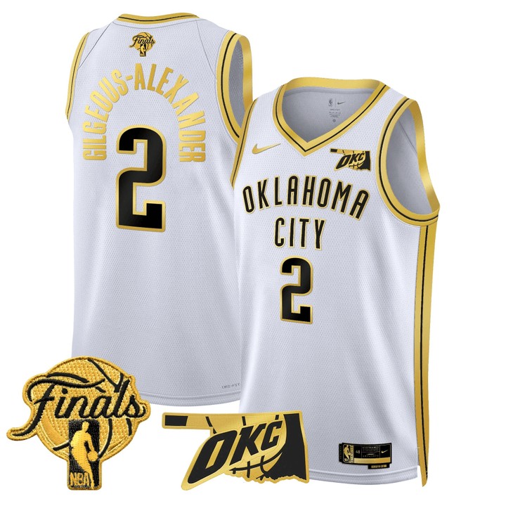 Men's Oklahoma City Thunder #2 Shai Gilgeous-Alexander NBA Final Patchs White Gold Stitched Basketball Jersey