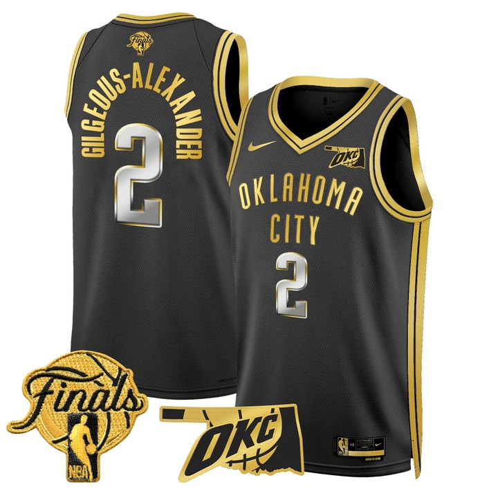 Men's Oklahoma City Thunder #2 Shai Gilgeous-Alexander NBA Final Patchs Black Gold Stitched Basketball Jersey