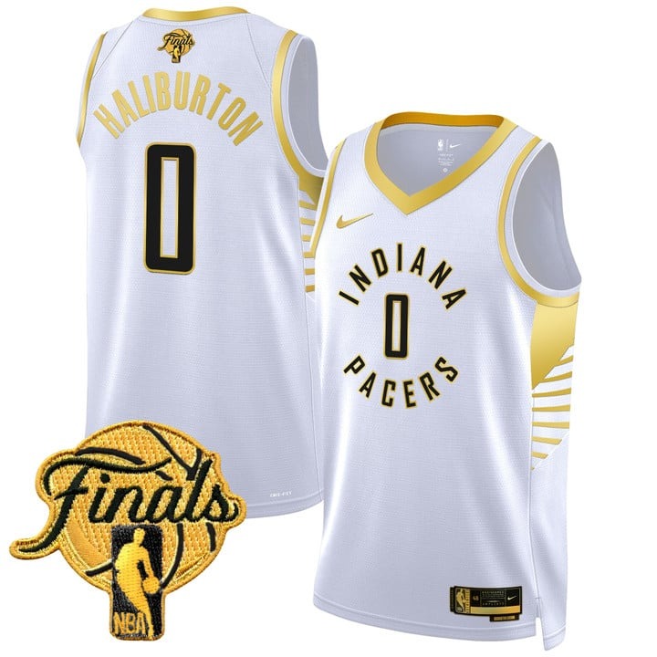 Unisex Indiana Pacers #0 Tyrese Haliburton Nike White Gold 2025 NBA Finals Swingman Jersey