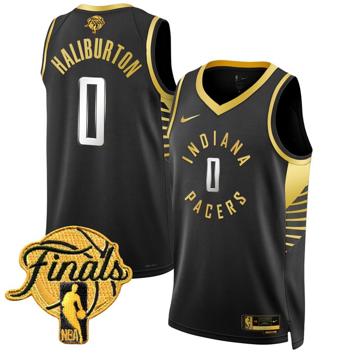 Unisex Indiana Pacers #0 Tyrese Haliburton Nike Black Gold 2025 NBA Finals Swingman Jersey