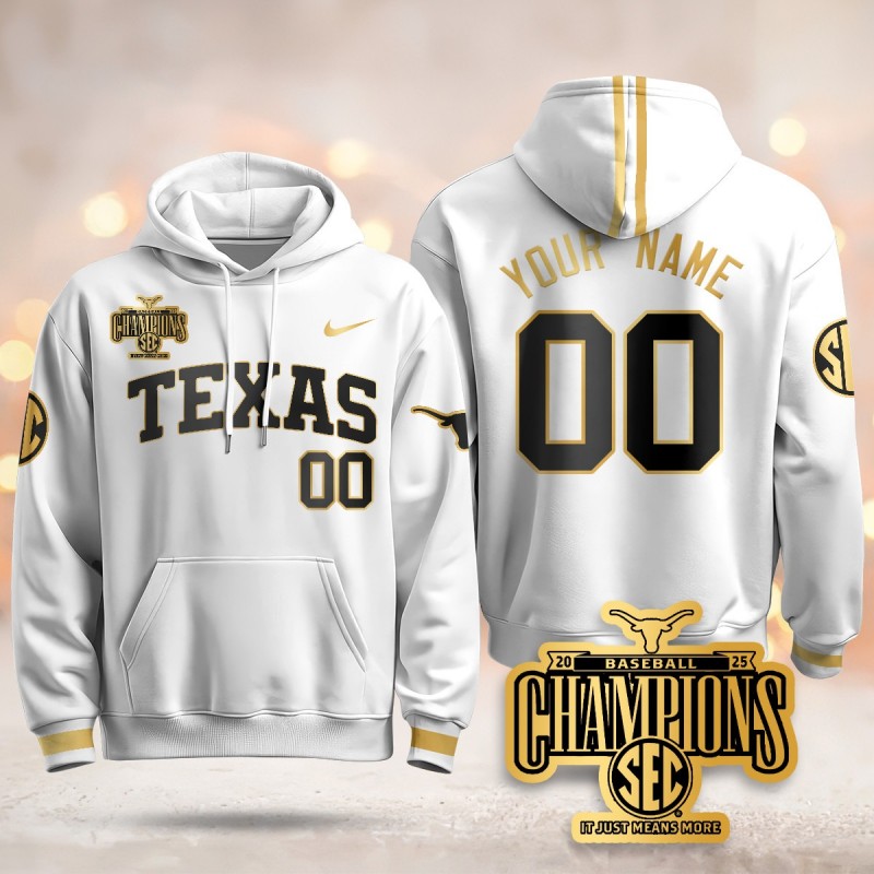 Texas Baseball 2025 SEC Champions Custom Hoodie White Gold V2 - All Stitched