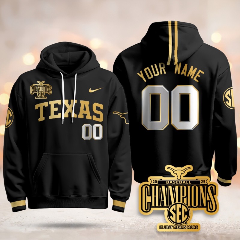 Texas Baseball 2025 SEC Champions Custom Hoodie Black Gold V2 - All Stitched