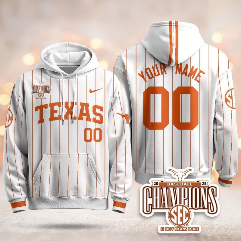 Texas Baseball 2025 SEC Champions Custom Hoodie Stripe V2 - All Stitched