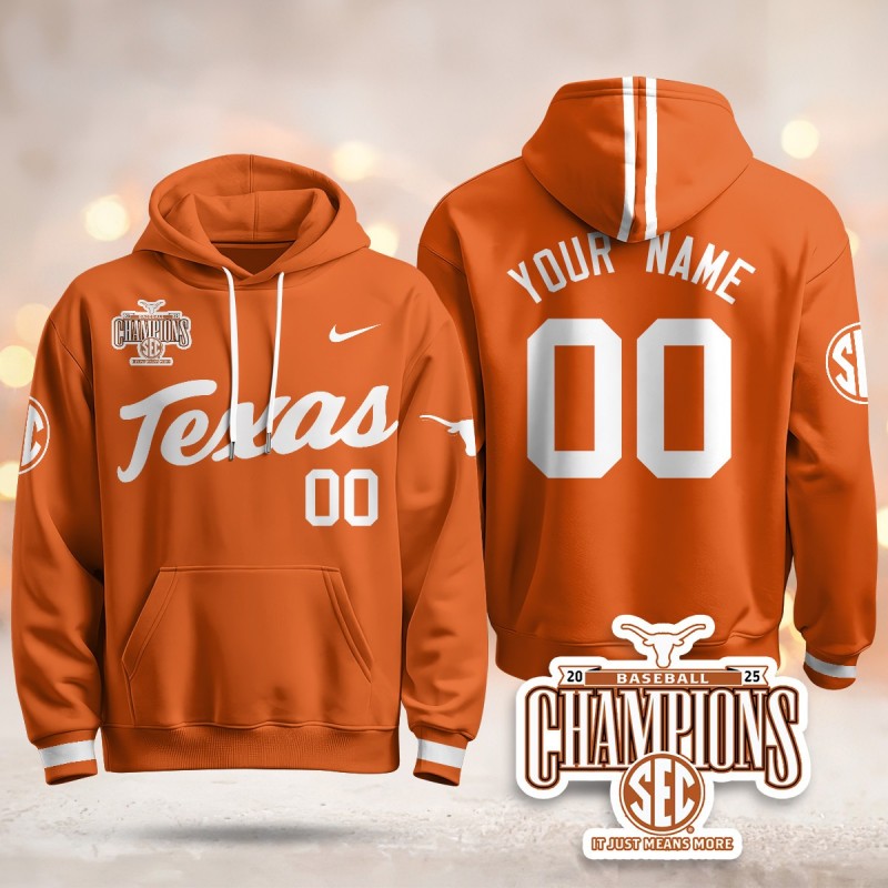 Texas Baseball 2025 SEC Champions Custom Hoodie Orange V2 - All Stitched