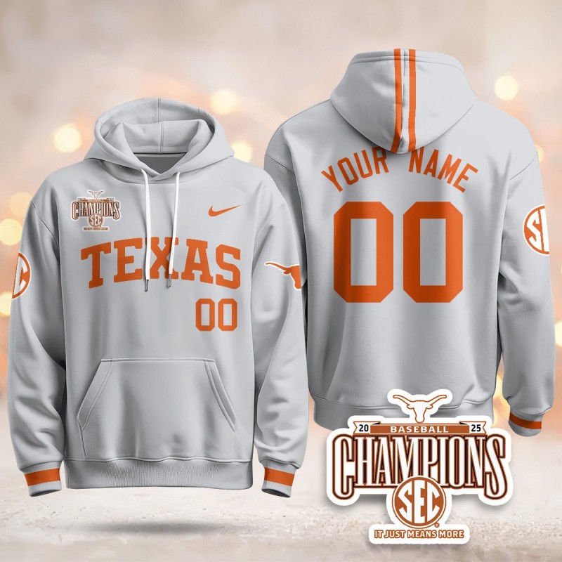 Texas Baseball 2025 SEC Champions Custom Hoodie Grey V2 - All Stitched
