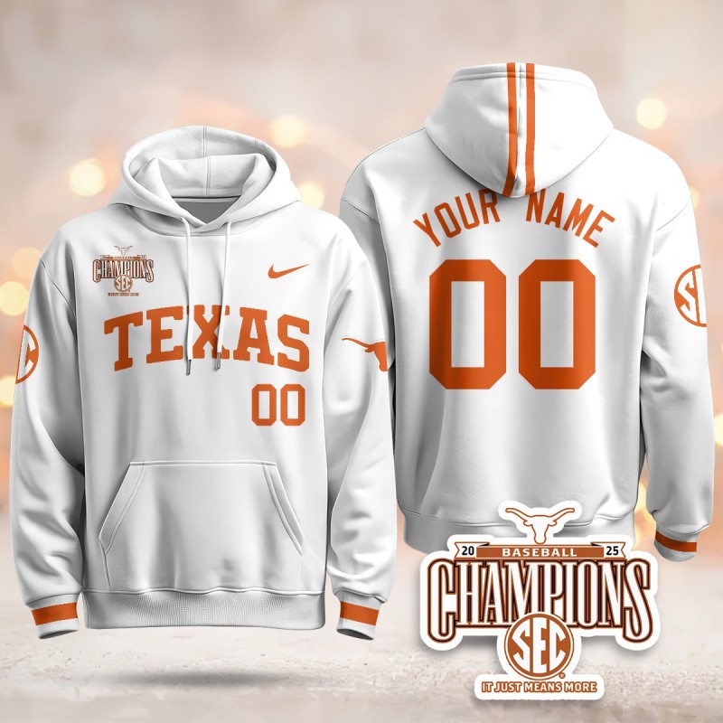 Texas Baseball 2025 SEC Champions Custom Hoodie White V2 - All Stitched