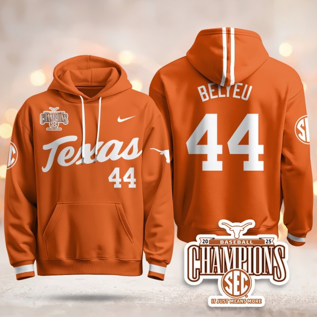 Men's Texas Baseball #44 Belyeu Nike 2025 SEC Champions Hoodie Orange V2 - All Stitched