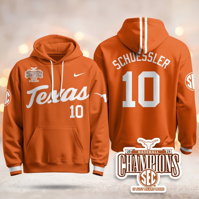 Men's Texas Baseball #10 Schuessler Nike 2025 SEC Champions Hoodie Orange V2 - All Stitched