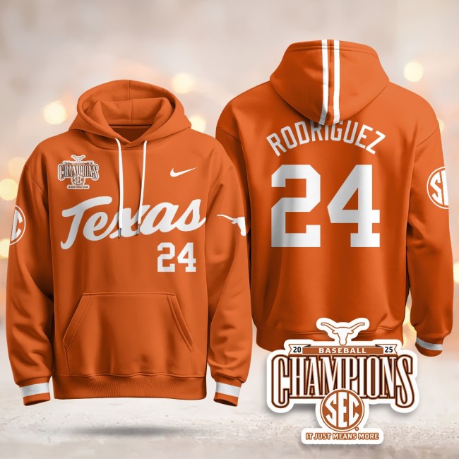 Men's Texas Baseball #24 Rodriguez Nike 2025 SEC Champions Hoodie Orange V2 - All Stitched