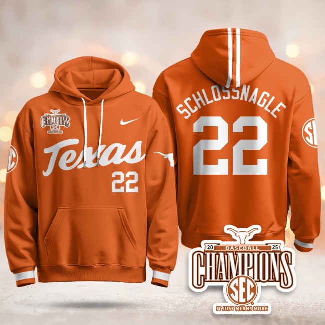 Men's Texas Baseball #22 Schlossnagle Nike 2025 SEC Champions Hoodie Orange V2 - All Stitched