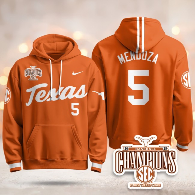 Men's Texas Baseball #5 Mendoza Nike 2025 SEC Champions Hoodie Orange V2 - All Stitched