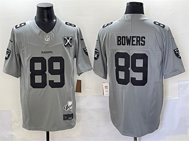 Men's Las Vegas Raiders #89 Brock Bowers Grey 2024 F.U.S.E With Nevada Silver Stat Patch And 65th Anniversary Patch Stitched Football Jersey