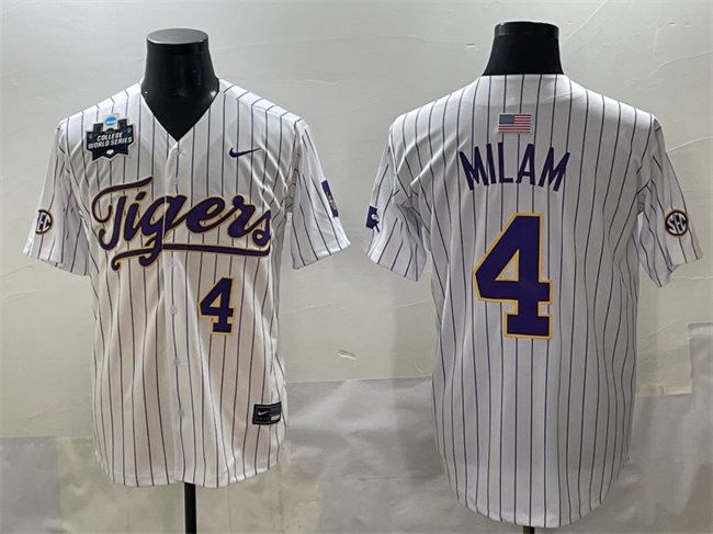 Men's LSU Tigers #4 Steven Milam White Pinstripe 2025 World Series & SEC Patch Stitched Baseball Jersey