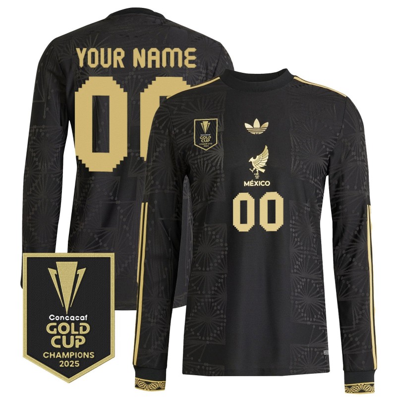 Mexico Custom Black adidas 2025 Gold Cup Champions Long Sleeve Soccer Jersey