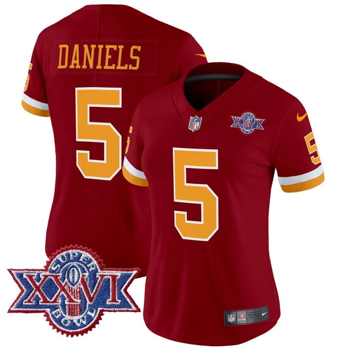 Nike Women's Washington Redskins #5 Jayden Daniels Burgundy 1992 Super Bowl XXVI Patch Vapor Limited Stitched Throwback Jersey