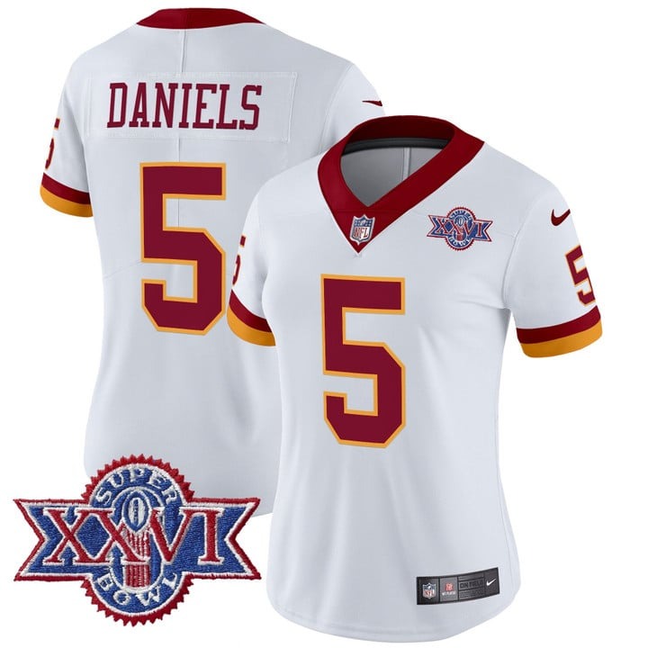 Nike Women's Washington Redskins #5 Jayden Daniels White 1992 Super Bowl XXVI Patch Vapor Limited Stitched Throwback Jersey
