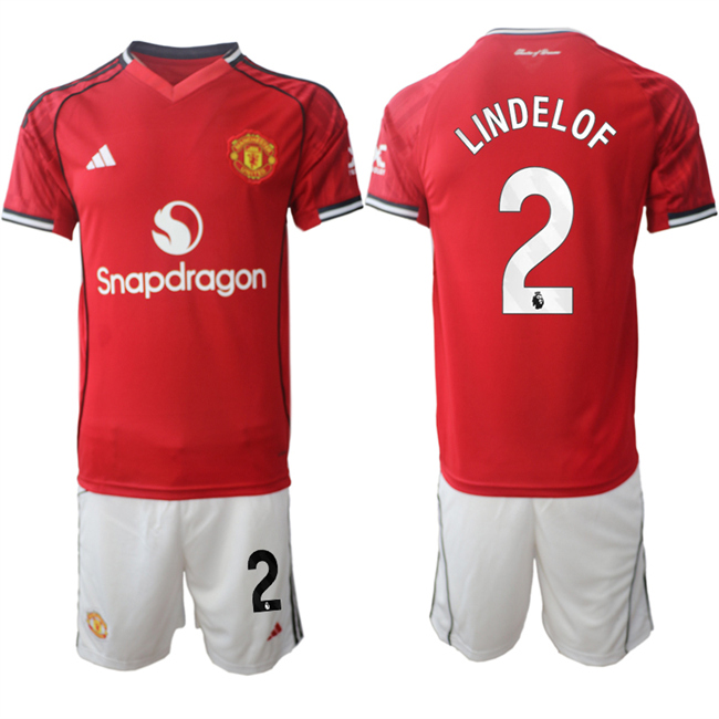 Men's Manchester United #2 Victor Lindelof 2025-26 Red Home Soccer Jersey Suit