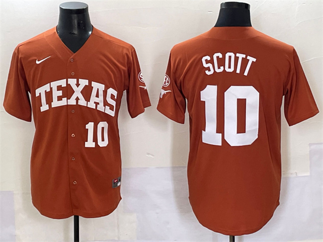 Men's Texas Longhorns #10 Mia Scott Orange SEC Patch Stitched Baseball Jersey