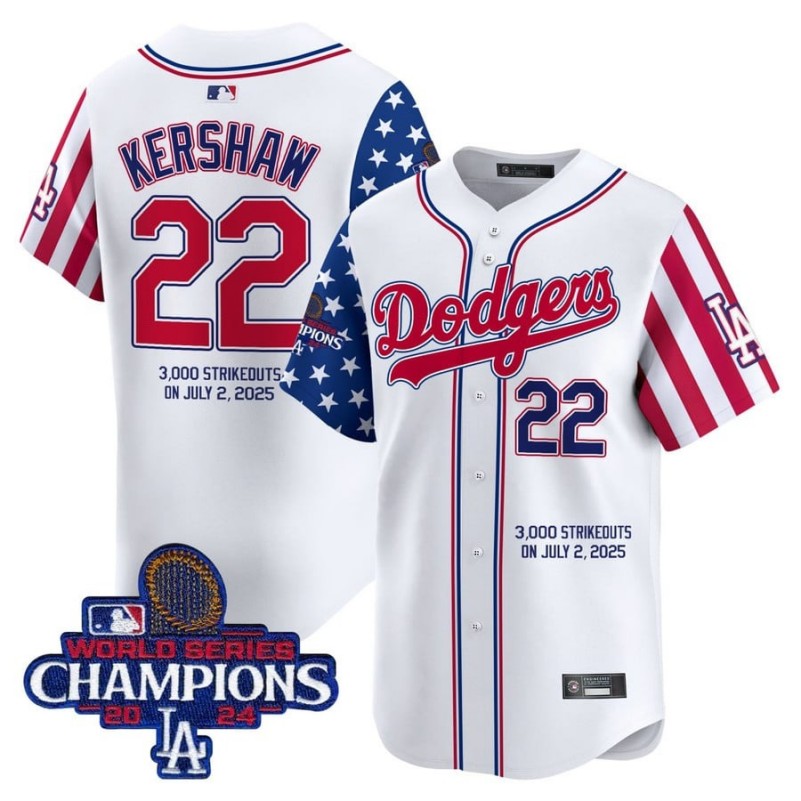 Men's Dodgers #22 Clayton Kershaw's 3000th strikeout On July 2 2025 Baseball Jersey Printed