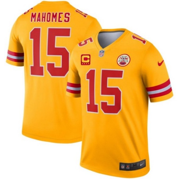 Youth Kansas City Chiefs #15 Patrick Mahomes Yellow 4-Star C Patch Stitched Football Jersey