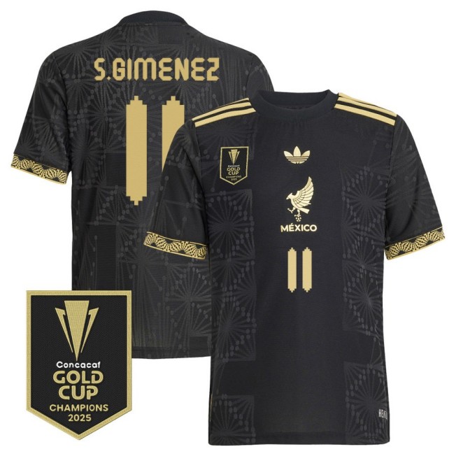 Men's Mexico #11 Santiago Gimenez adidas 2025 Gold Cup Champions Soccer Jersey Black