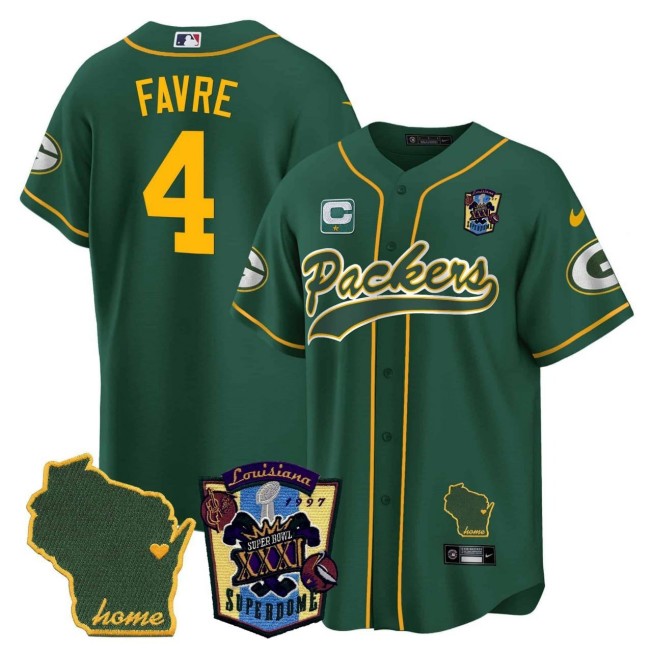 Men's Green Bay Packers #4 Brett Favre Green 1997 Super Bowl XXXI 'C' 'WI' State Map Patched Stitched Baseball Jersey
