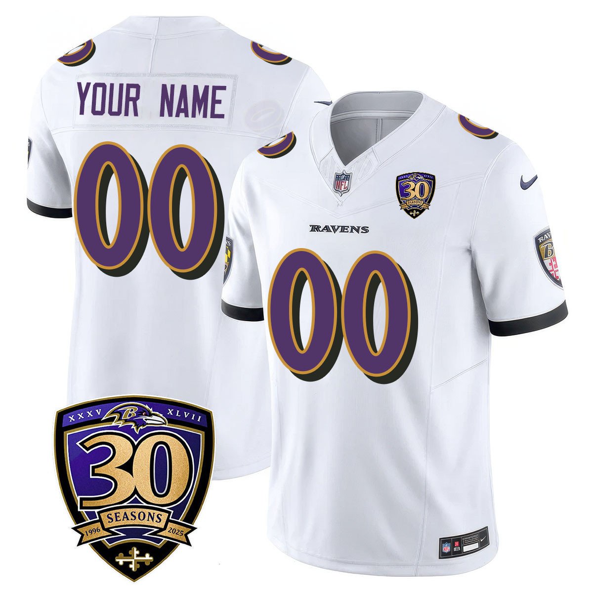 Baltimore Ravens Custom 30th Season Patch Nike Limited NFL Football Jersey White - All Stitched