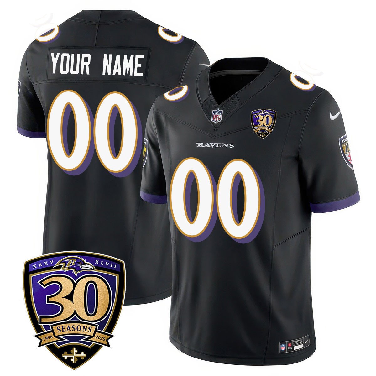 Baltimore Ravens Custom 30th Season Patch Nike Limited NFL Football Jersey Black - All Stitched